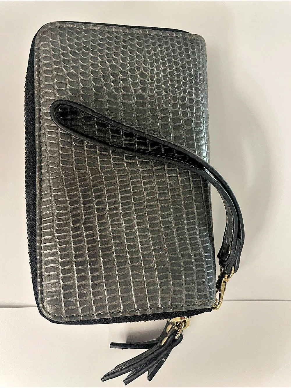Neiman Marcus Gray Croc-Embossed Zip-Around Wristlet Wallet